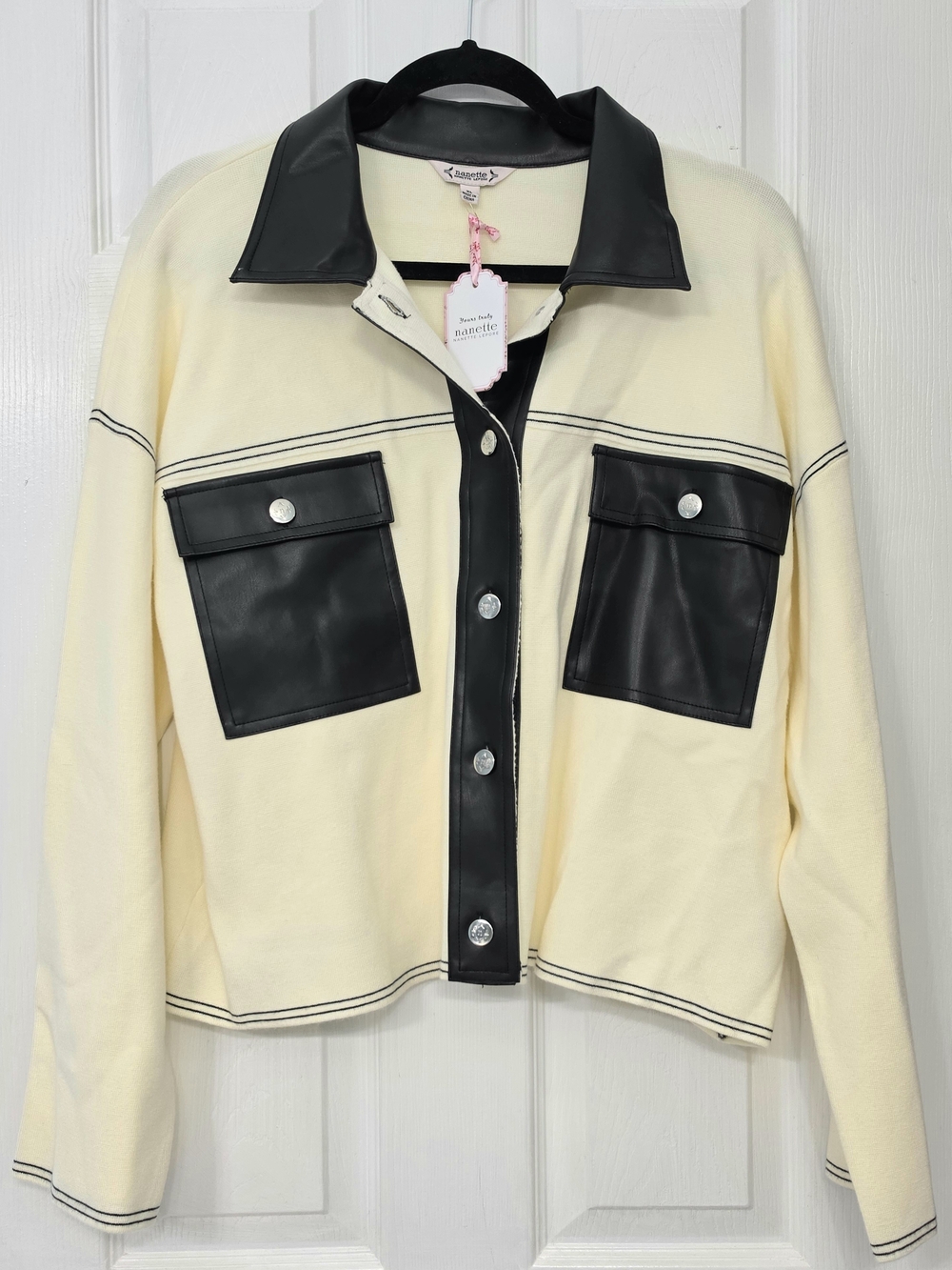 Nanette Lepore Cream Jacket with Black Faux Leather Trim XL NEW